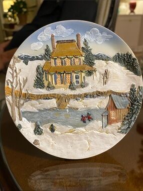K’s Collection • 4-1/2” Relief Painting “Winter Home Scene” with Stand • Vintage